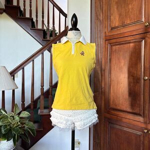 Disney Aloha Yellow and White Polo Gold Shirt Tank Blouse Vintage Mickey Mouse